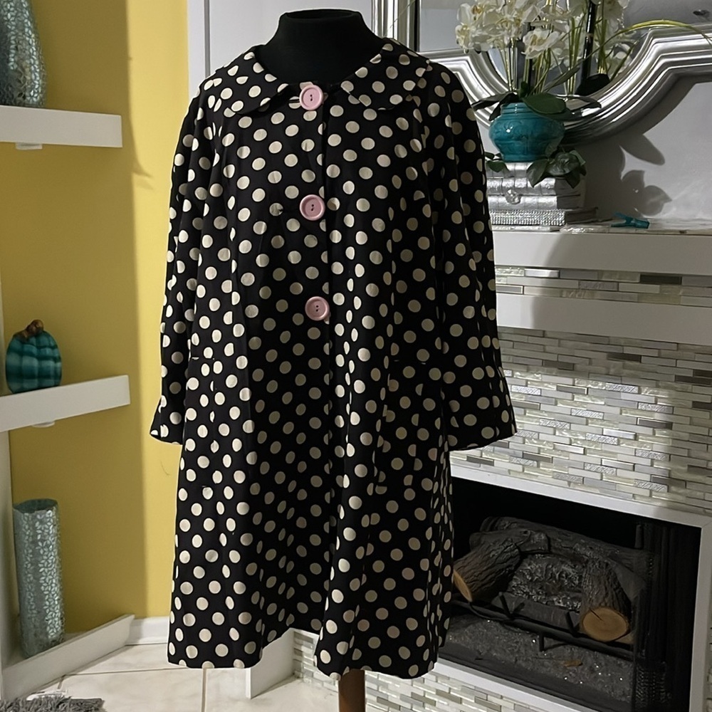 3 Sisters polka dot short lined mob wife trench coat L - Picture 2 of 10